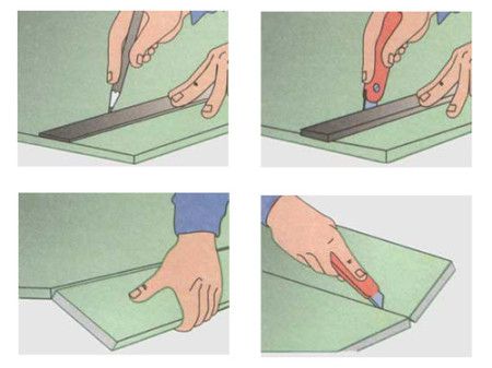 Wir markieren die zukünftigen Oberflächen des Kamins auf Trockenbauplatten.